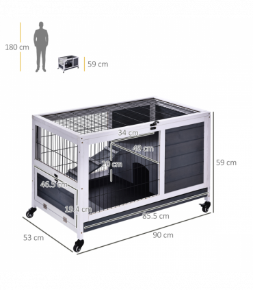 Wood Indoor Rabbit Hutch Elevated 2-Floor Guineas Pigs Cage w/ Wheels Pawhut