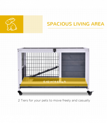 Wood Indoor Rabbit Hutch Elevated 2-Floor Guineas Pigs Cage w/ Wheels Pawhut