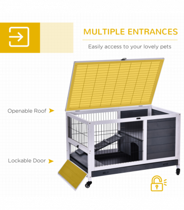 Wood Indoor Rabbit Hutch Elevated 2-Floor Guineas Pigs Cage w/ Wheels Pawhut