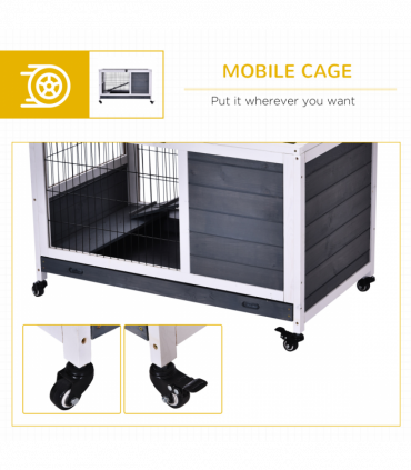 Wood Indoor Rabbit Hutch Elevated 2-Floor Guineas Pigs Cage w/ Wheels Pawhut