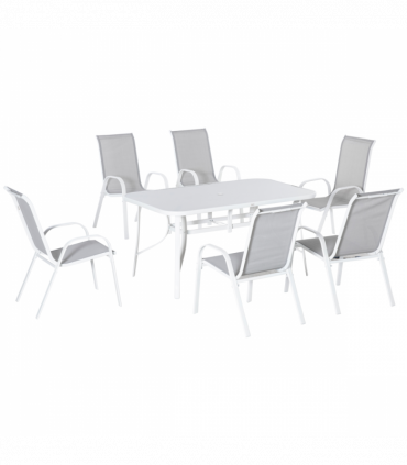 Outdoor Dining Set 6 Seater Grey Mesh Fabric 150cm x 90cm x 71cm Glass Table