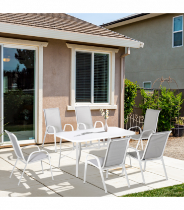 Outdoor Dining Set 6 Seater Grey Mesh Fabric 150cm x 90cm x 71cm Glass Table