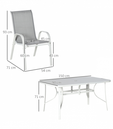 Outdoor Dining Set 6 Seater Grey Mesh Fabric 150cm x 90cm x 71cm Glass Table