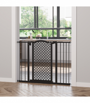 Pet Safety Gate 74-105 cm Pressure Fit Stair with Double Locking, Black Steel