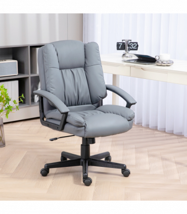 HOMCOM Faux Leather Home Office Chair Mid Back Desk Chair with Arms Light Grey