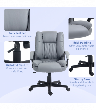 HOMCOM Faux Leather Home Office Chair Mid Back Desk Chair with Arms Light Grey