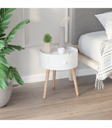 Round Coffee Table White Natural wood colour 38 x 45H cm MDF Drawer Kids-safe