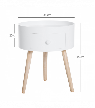 Round Coffee Table White Natural wood colour 38 x 45H cm MDF Drawer Kids-safe