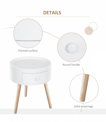 Round Coffee Table White Natural wood colour 38 x 45H cm MDF Drawer Kids-safe