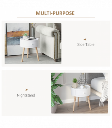 Round Coffee Table White Natural wood colour 38 x 45H cm MDF Drawer Kids-safe