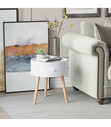 Round Coffee Table White Natural wood colour 38 x 45H cm MDF Drawer Kids-safe