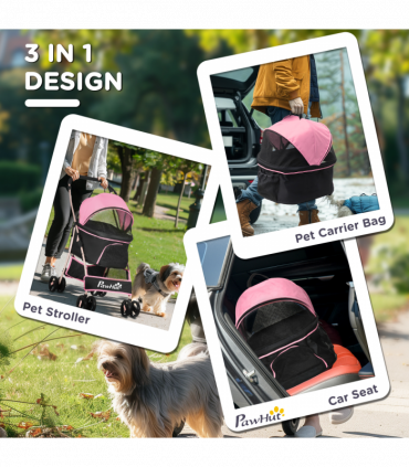 PawHut 3 In 1 Pet Stroller, Detachable Dog Cat Travel Carriage - Pink