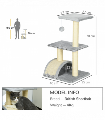 PawHut 72cm Cat Tree Climbing Tower with Sisal Scratching Post - Light Grey