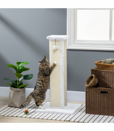 PawHut 81cm Cat Scratching Post w/ Sisal Rope, Hanging Ball Soft Plush White