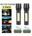 2Pcs Mini Zoomable LED Flashlight USB RechargeableCamping Hiking Flashlight Work light