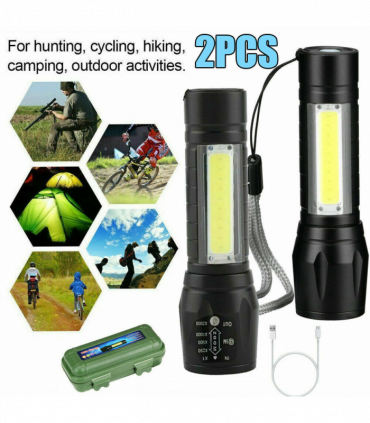 2Pcs Mini Zoomable LED Flashlight USB RechargeableCamping Hiking Flashlight Work light