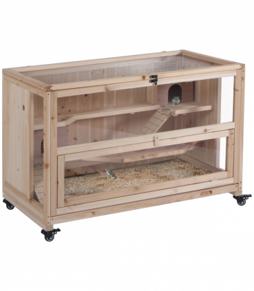 3-Tier Wooden Hamster Cage, Roden Small Animals Hutch, Ladders, Natural Wood