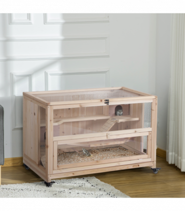 3-Tier Wooden Hamster Cage, Roden Small Animals Hutch, Ladders, Natural Wood