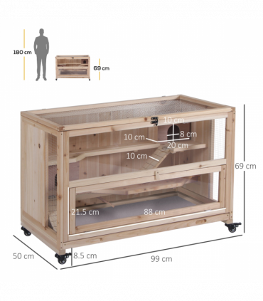 3-Tier Wooden Hamster Cage, Roden Small Animals Hutch, Ladders, Natural Wood