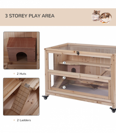 3-Tier Wooden Hamster Cage, Roden Small Animals Hutch, Ladders, Natural Wood
