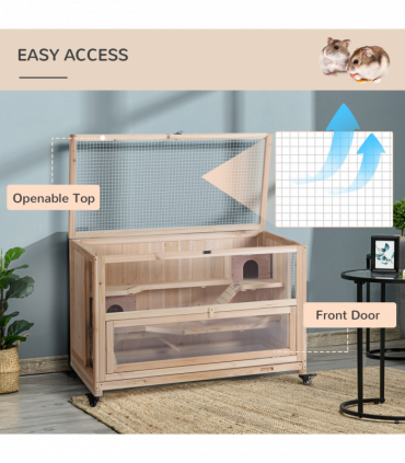 3-Tier Wooden Hamster Cage, Roden Small Animals Hutch, Ladders, Natural Wood