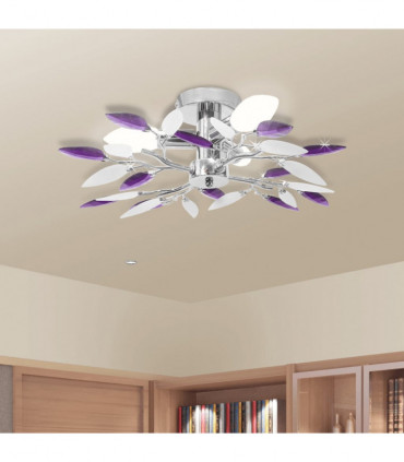 Ceiling Lamp White & Purple Acrylic Crystal Leaf Arms 3 E14 Bulbs