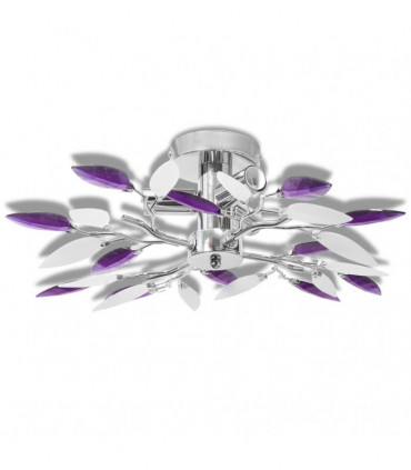 Ceiling Lamp White & Purple Acrylic Crystal Leaf Arms 3 E14 Bulbs