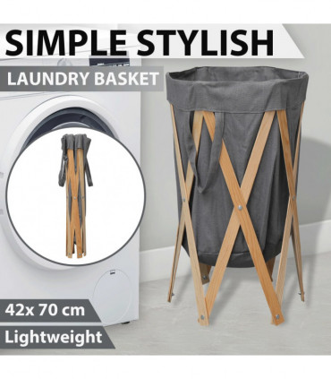 Folding Laundry Basket Grey Wood and Fabric