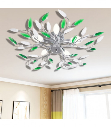 Green&White Ceiling Lamp with Acrylic Crystal Leaf Arms for 5 E14Bulbs