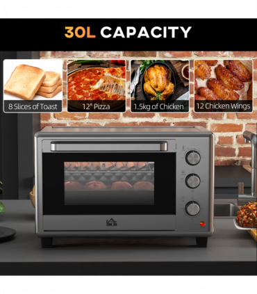 HOMCOM 30L Mini Oven with Adjustable Temperature, 60 Min Time 1600W, Silver