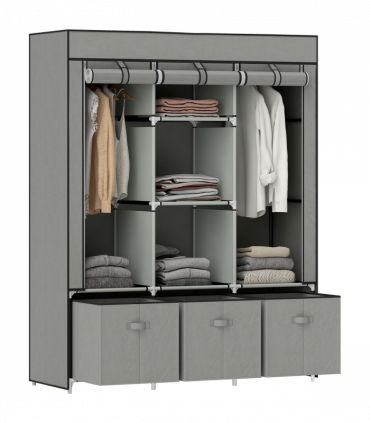 HOMCOM Portable Wardrobe w/ 5 Shelves 3 Fabric Drawers and 2 Hanging Rails Grey