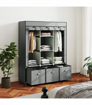 HOMCOM Portable Wardrobe w/ 5 Shelves 3 Fabric Drawers and 2 Hanging Rails Grey