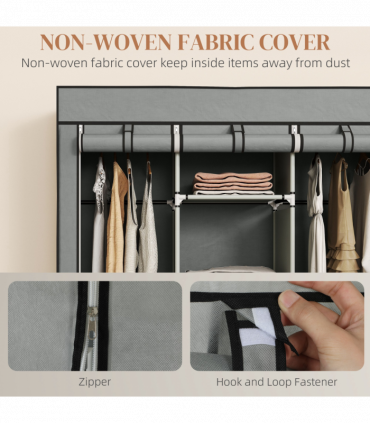 HOMCOM Portable Wardrobe w/ 5 Shelves 3 Fabric Drawers and 2 Hanging Rails Grey