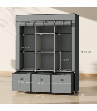 HOMCOM Portable Wardrobe w/ 5 Shelves 3 Fabric Drawers and 2 Hanging Rails Grey