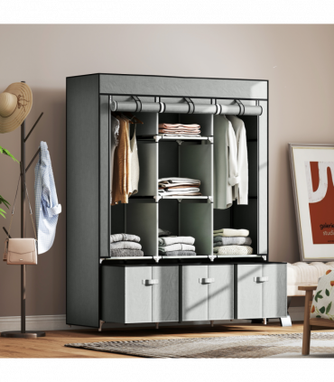 HOMCOM Portable Wardrobe w/ 5 Shelves 3 Fabric Drawers and 2 Hanging Rails Grey