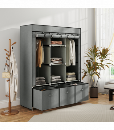 HOMCOM Portable Wardrobe w/ 5 Shelves 3 Fabric Drawers and 2 Hanging Rails Grey