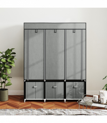 HOMCOM Portable Wardrobe w/ 5 Shelves 3 Fabric Drawers and 2 Hanging Rails Grey