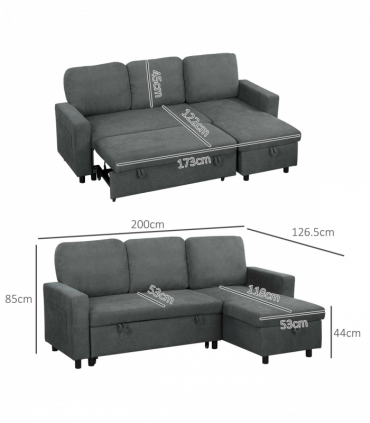 HOMCOM Pull Out Sofa Bed L Shape Corner Sofa w/ Reversible Chaise Dark Grey