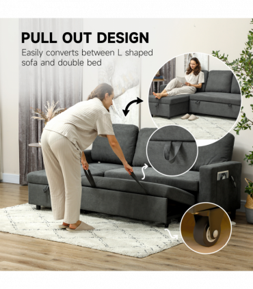 HOMCOM Pull Out Sofa Bed L Shape Corner Sofa w/ Reversible Chaise Dark Grey