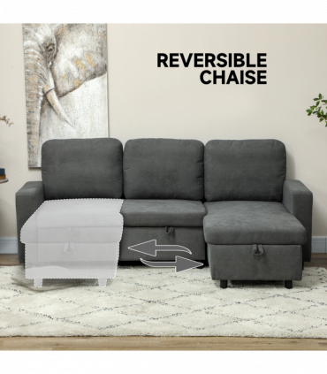 HOMCOM Pull Out Sofa Bed L Shape Corner Sofa w/ Reversible Chaise Dark Grey