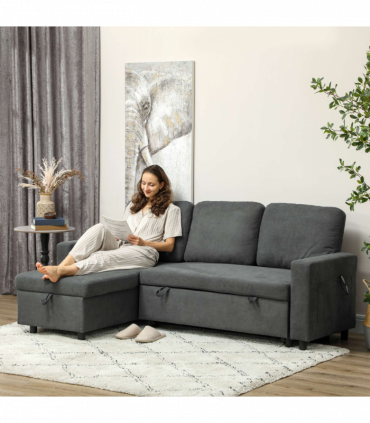 HOMCOM Pull Out Sofa Bed L Shape Corner Sofa w/ Reversible Chaise Dark Grey