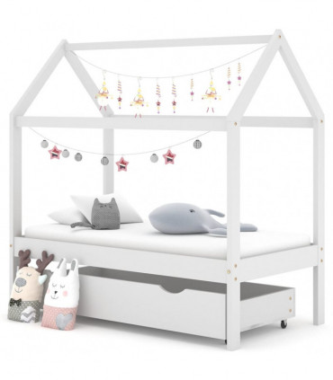 Kids Bed Frame with a Drawer White Solid Pine Wood 70x140 cm