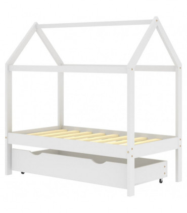 Kids Bed Frame with a Drawer White Solid Pine Wood 70x140 cm