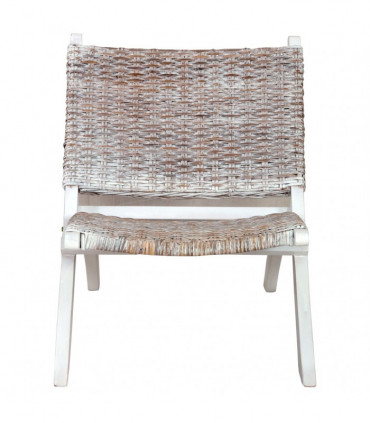 Relaxing Chair White Natural Kubu Rattan and Solid Mahogany Wood