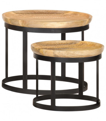 Round Side Tables 2 pcs Solid Mango Wood and Steel