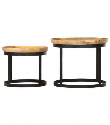 Round Side Tables 2 pcs Solid Mango Wood and Steel