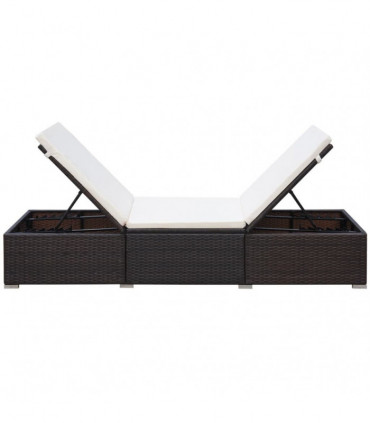 Sun Lounger with Cream White Cushion Poly Rattan Brown