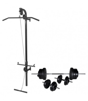 Wall-mounted Power Tower with Barbell and Dumbbell Set 60.5 kg