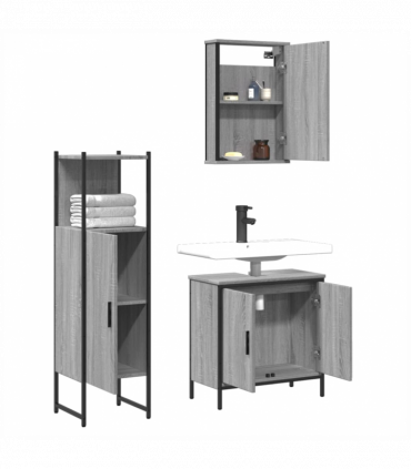 vidaXL 3 Piece Bathroom Furniture Set Grey Sonoma Engineered Wood