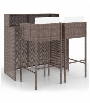 vidaXL 3 Piece Garden Bar Set with Cushions Poly Rattan Brown